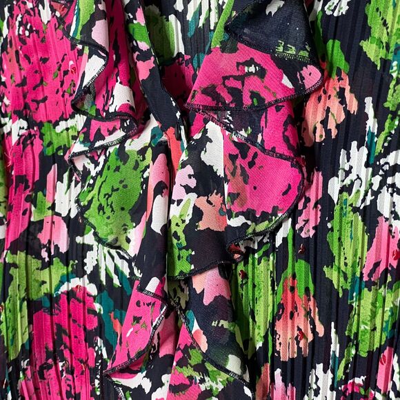 Dressbarn Womens Button Up Top 1X Pink Green Ruffle Office Crinkle Pleated Sheer - Picture 10 of 11